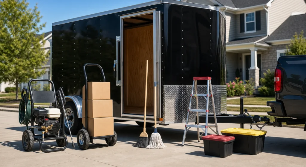 Dirty Deeds truck and equipment staged outside a home